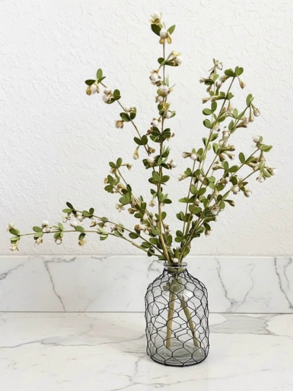 Glass Bottle Vase & Boxwood Floral Stems